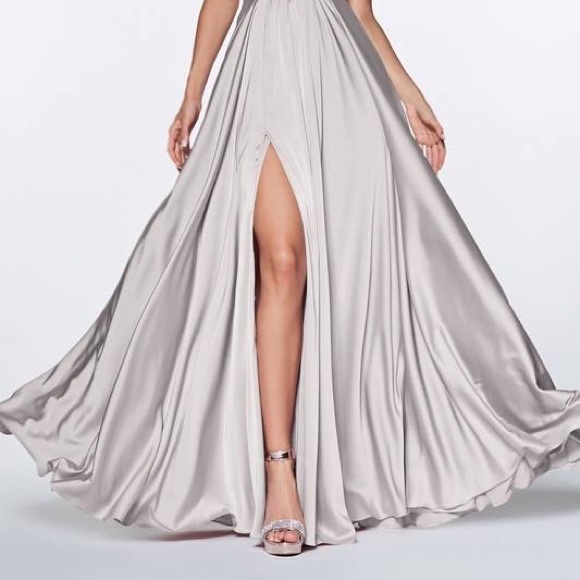 Silver Satin V-Neck Prom Pageant Dress - Picture 2 of 3